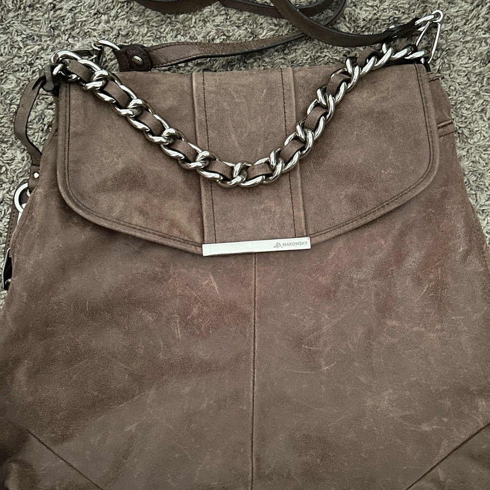 B. Makowsky Brown Suede Shoulder Bag with Silver Chain